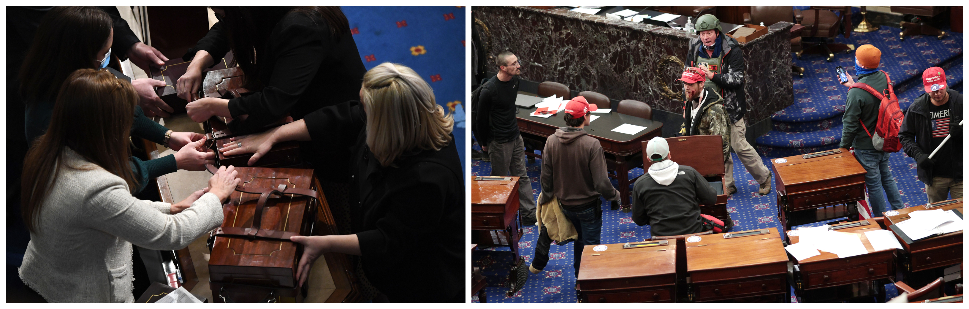 Side by side images of aides opening the cases that hold the electoral college votes after the session resumed in the evening and of insurrectionists waking around on the floor of the House camber.